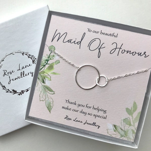 Maid of Honour necklace,linked circle necklace,stirling silver two connecting circle charm,Maid of honour necklace,Thank you Maid of honour