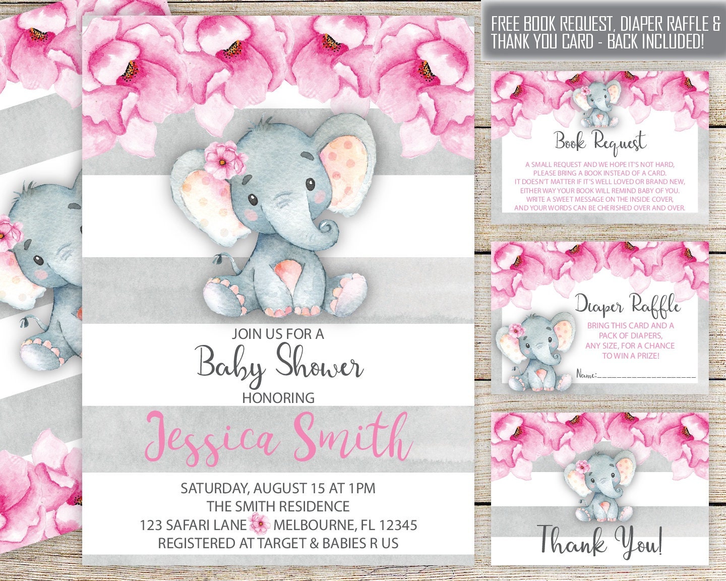 Elephant Baby Shower Invitation Girl Set Baby Elephant Girl Etsy