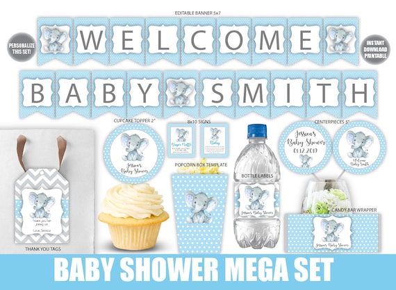 Elephant Baby Shower Decorations Printable Set Boy Animal Etsy