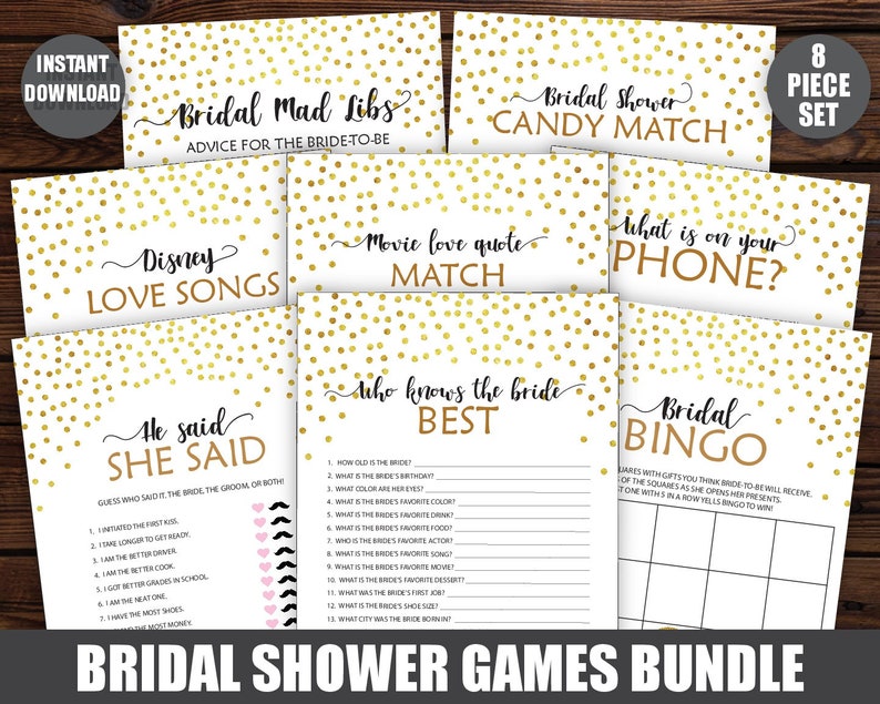 Instant Download Bridal Shower Games Activities Pack Printable Wedding Shower Games Printable Bridal Shower Package 8 Games Bundle