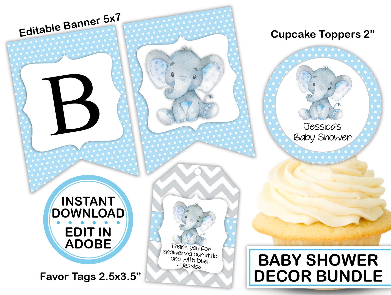 Elephant Baby Shower Decorations Boy Bundle Editable Templates | Etsy