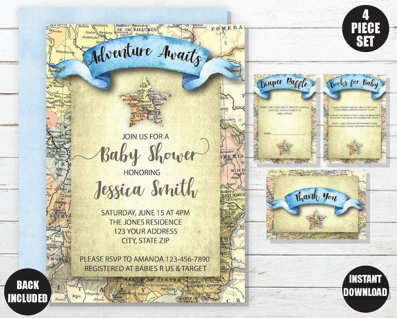 adventure awaits travel theme baby shower invitation