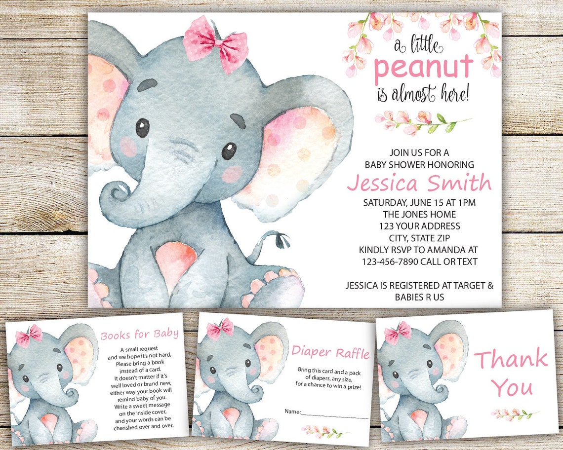 Elephant Baby Shower Invitation Girl Set Baby Elephant Girl Etsy