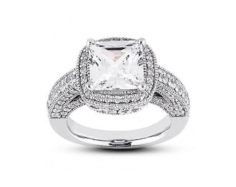 3.21ct tw D/SI2/Ideal Radiant Natural Diamonds Platinum Halo Milgrain Ring 3.4mm