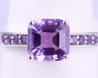 Sterling Silver Natural Purple Square-Cut Amethyst Gemstone Cocktail Ring Sz 8.25