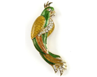 Vintage Retro Costume Jewelry Rhinestone Gilt Metal Enameled Bird of Paradise/Parrot Pin/Brooch