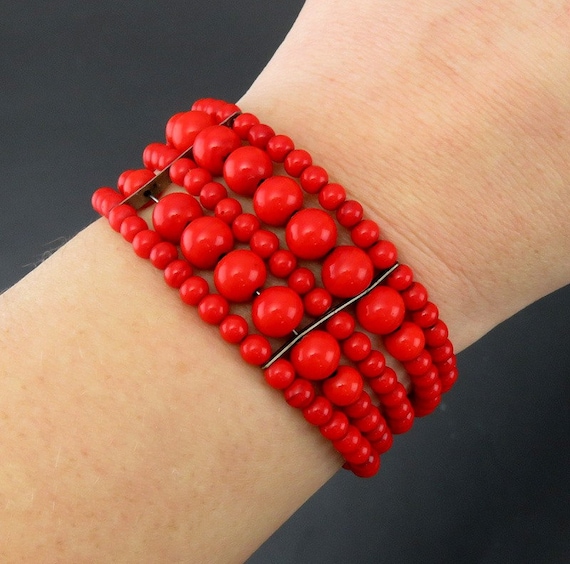 Vintage/Retro Ruby Red Bead & Silver Thick Cuff B… - image 1