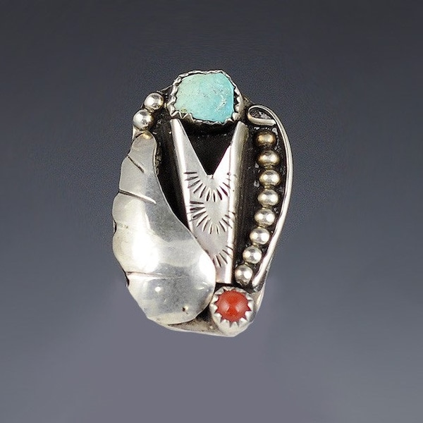 Old Pawn Vintage Native American Southwest Sterling Silver Turquoise Coral Large Statement Ring Sz 3.5