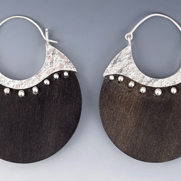 Table Jeweler Hand Made Modern Sterling Silver Natural Dark Wood Pierced Earrings Wide Circle Hoops