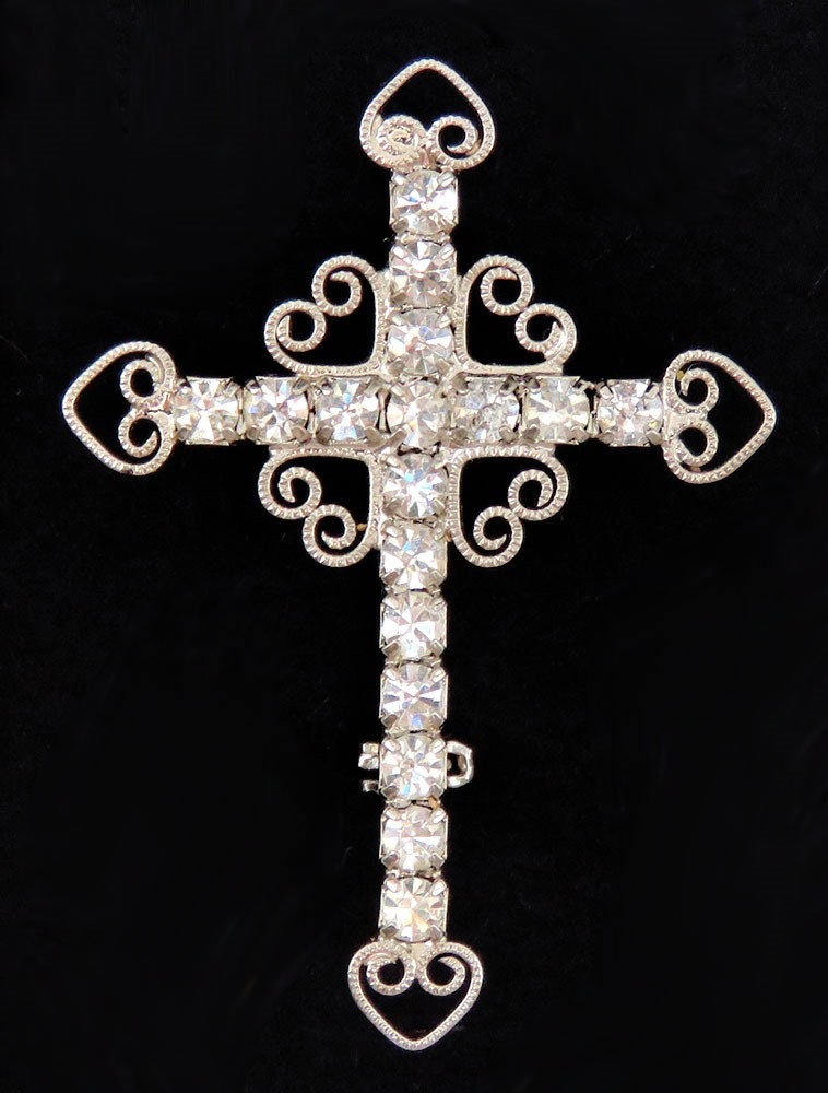 Antique/Vintage Silver & Diamond Rhinestone Costume Jewelry Filigree Pin/Brooch Catholic Religious Cross