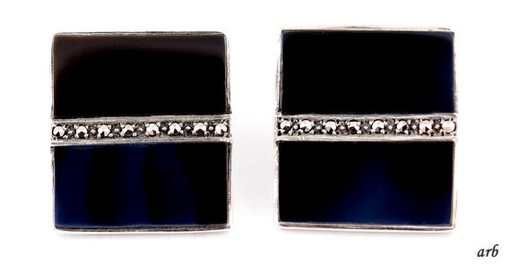 Retro 1980s Sterling Silver Onyx and Marcasite Sq… - image 1