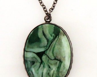 Boho Sterling Silver & Natural Green Stone Malachite or Agate Pendant Necklace
