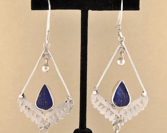 Handmade Artisan Sterling Silver Wire Natural Blue Stone Dangle Chandelier Earrings