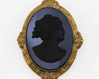 Antique 1920s Art Deco Brass Black Glass Carved Cameo Portrait Mourning Pin/Brooch
