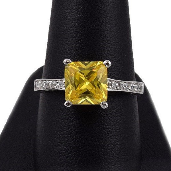 High End Look Sterling Silver Princess Cut Simulated Yellow Diamond Cocktail Ring Sz 9.25