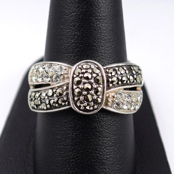 Vintage Sterling Silver Bow Double Wrap Marcasite Diamond Rhinestone Ring Sz 9.25