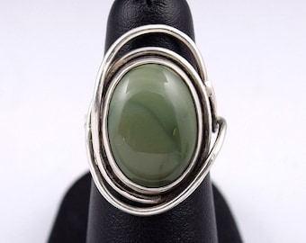Large Sterling Silver Wire Natural Moss Agate Stone Statement Ring Size 6