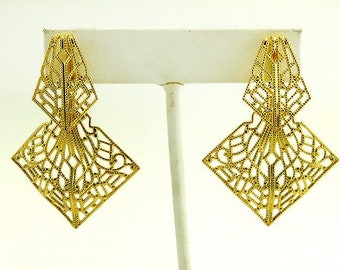 Unique Gold Tone Openwork Filigree Dangle/Drop Statement Earrings