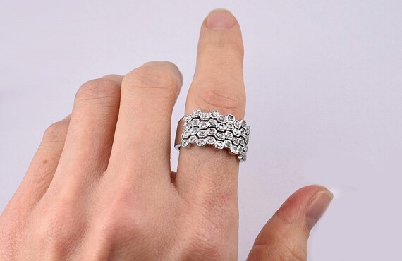 Unique Sterling Silver Diamond Rhinestone Thick 4 Band