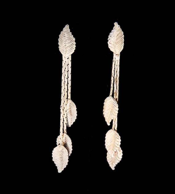 Boho Silver Leaf & Chain Dangle/Drop Tassel Earri… - image 1