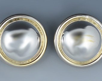 Pair of Round Sterling Silver Clip-Back Earrings, Partial Gilding, Made in Italy Retro Dome Style