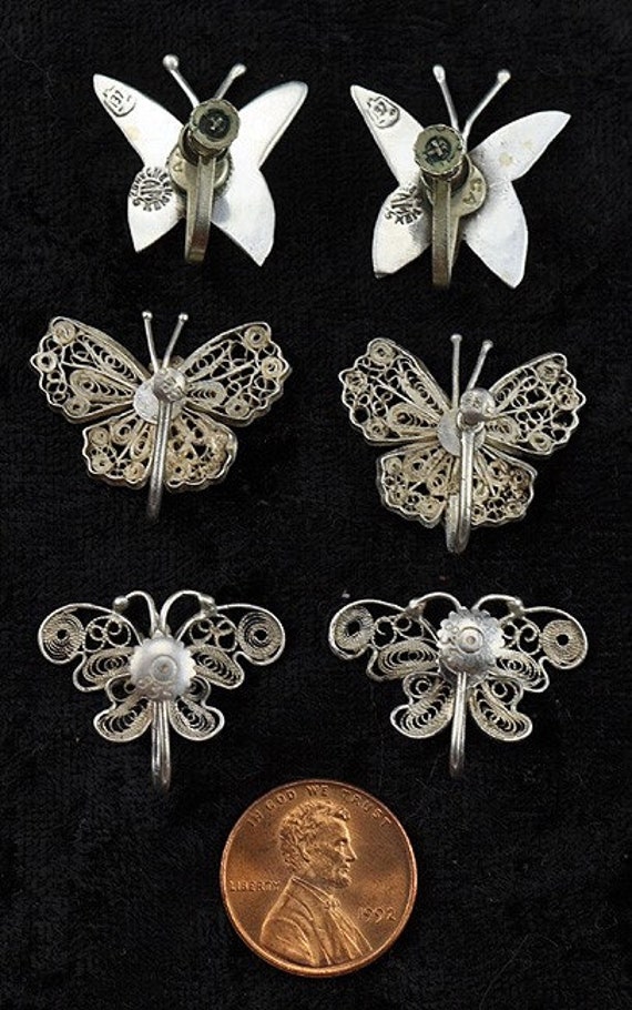 3 Pairs Vintage Sterling Silver Filigree and Abal… - image 3