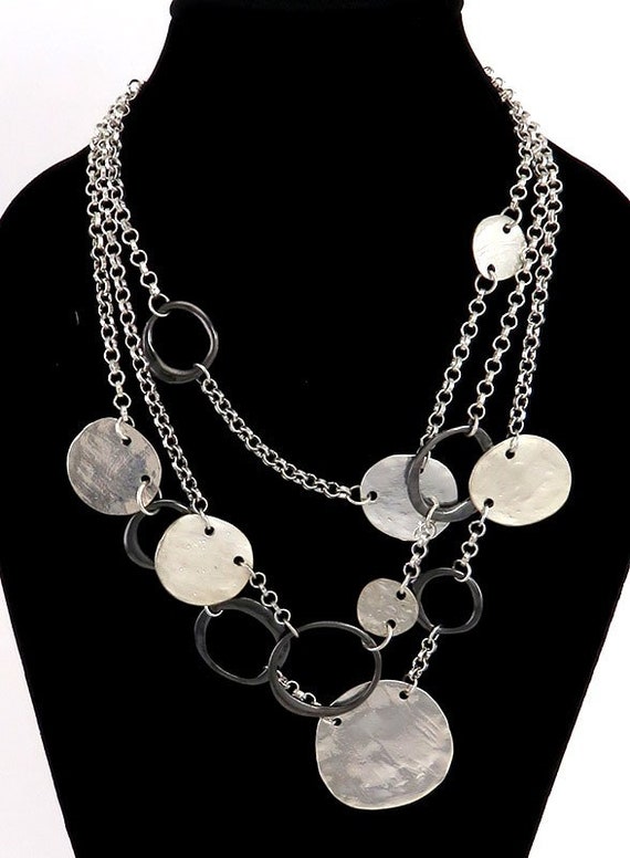 Neat Multi Strand Chain Overlapping Silver & Onyx… - image 1