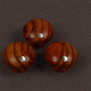 Pu&ograve; includere: Tre pomelli rotondi in legno con finitura lucida e venature del legno marrone scuro visibili. Ogni pomello presenta un piccolo inserto metallico circolare di colore argento centrato sulla superficie superiore, creando un contrasto.