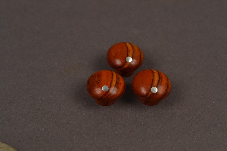 May include: Three round cabinet knobs made of polished reddish-brown wood with a distinct dark grain pattern. Each knob features a small, circular, flat silver-colored metal inlay centered on the top surface, providing a smooth, reflective contrast.