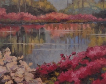 Print Of Original " Azalea Summer Pond " Size 8 inches x 10 inches in 11 inch x 14 inch Mat