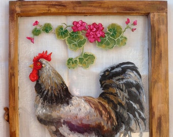 Painted Rooster With Red Geraniums on a Vintage Window
