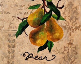 Hand Painted Rustic Venetian Textured Botanical Yellow Pears Art