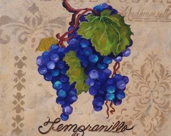 Hand Painted Rustic Venetian Textured Botanical Blue Grapes Art