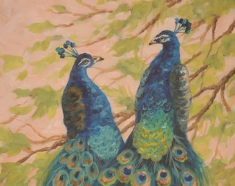 Print of " Pair Of Peacocks "Size 10 inch high x 8 inches wide In A 11 inch x 14 inch White Mat