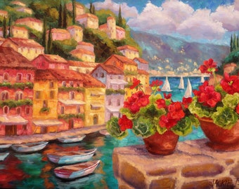 Print Of " Sunny Portofino Italy " Size 8 Inches High x 10 Inches Wide In A 11 Inch x 14 Inch Double White Mat