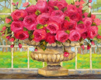 Print Of " Pink Roses In Urn " Size 10 Inches Wide x 8 Inches High Matted in 11 Inch x 14 In White Mat