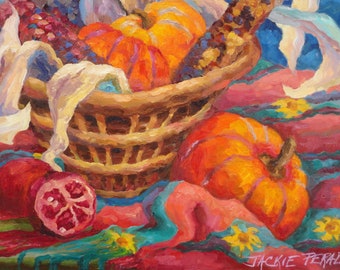 Print Of " Fall Harvest Still Life " Size 8 inch x 10 inches in an 11 inch x 14 inch White Mat