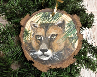 Critter Collection Cougar Puma Panther Catamount American Cat Black Cherry Wood Christmas Ornament Mountain Lion Sitting Ornament