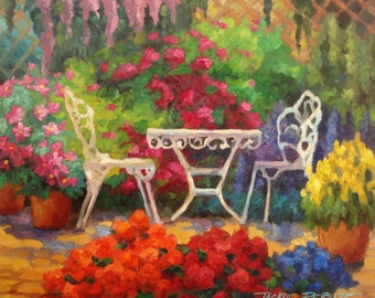 Original Oil Summer Garden if Full Bloom