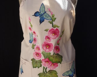 Hand Painted Botanical Hollyhocks and Butterflies Apron