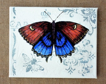 Hand Painted Brown and Blue Nostalgic Butterfly