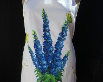 Hand Painted Botanical Blue Delphiniums and Butterflies Apron