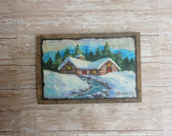 Hand Painted Mountain Cabin in Snow