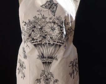 Hand Painted Botanical French Flowers and Butterfly Apron