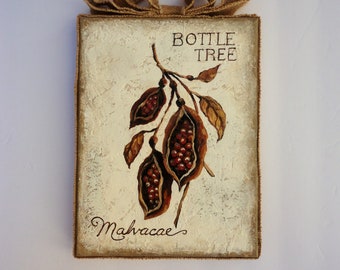 Hand Painted Burlap Wrapped Botanical Bottle Tree Seed Pod