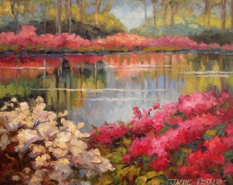 Original Oil Summer Lake With Pink And White Blooming Azalea Flowers