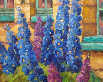 Print Of " " Cottage Delpheniums " Size 10 Inches High x 8 Inches Wide In A 11 In. x 14 In. White Mat