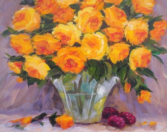 Still Life Vintage Yellow Roses and Berries