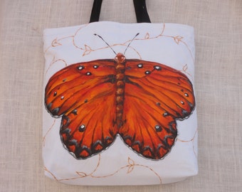 Orange Butterfly Tote Bag With Hand Stenciled Lettering Size 18 in. x 18 in. x 3 in. Bottom Width