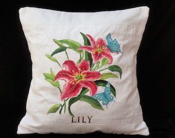 Hand Painted 100% Cotton Lillys and Butterflies Pillow Cover